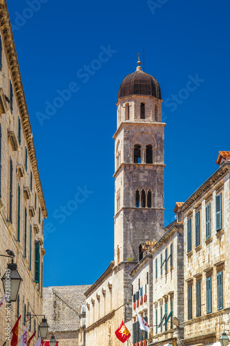 Tower of Franciscan Church and Monastery on Stradun street in the historic city center of Dubrovnik in Croatia, Europe. © Viliam