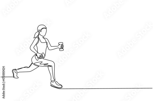 Single one line drawing woman in tracksuit doing exercises in gym. Female doing squats at gym. Fitness class for girl. Sports training for woman. Healthy lifestyle. Continuous line draw design vector