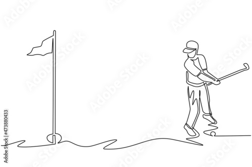 Single one line drawing of business executive young handsome man playing golf at golf course. Practice to make hole in one hit technique. Modern continuous line draw design graphic vector illustration