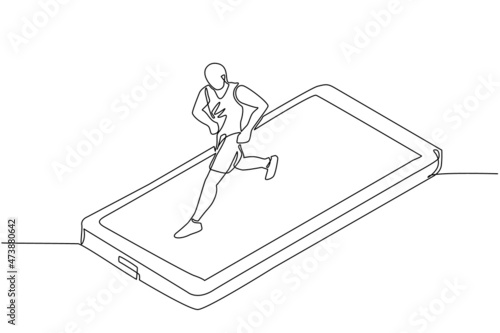 Single one line drawing man running on smartphone screen treadmill. Exercise fitness app and sports. Cardio control digital mobility exercise athlete. Continuous line draw design vector illustration
