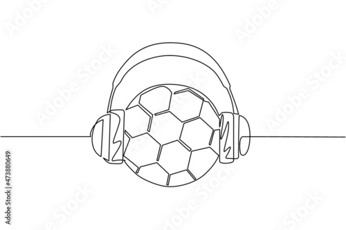 Single continuous line drawing soccer ball with headphone. Soccer commentator sport icon white isolated. Flat cartoon style suitable for web, banner, sticker. One line draw design vector illustration