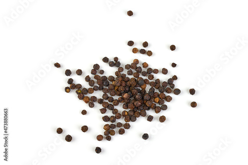 Black peppercorns, isolated on white background.