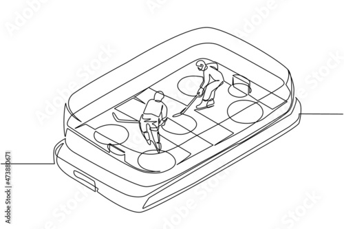 Single continuous line drawing ice hockey rink with two players on smartphone screen. Mobile ice hockey. Online team sport game competition. Dynamic one line draw graphic design vector illustration
