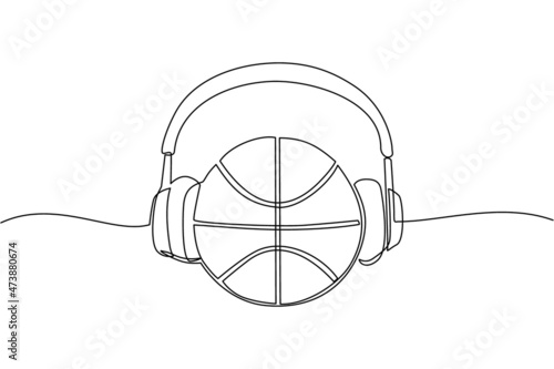 Single one line drawing basketball ball with headphone. Basketball commentator sport icon concept isolated. Flat cartoon style suitable for web, banner, sticker. Continuous line draw design vector