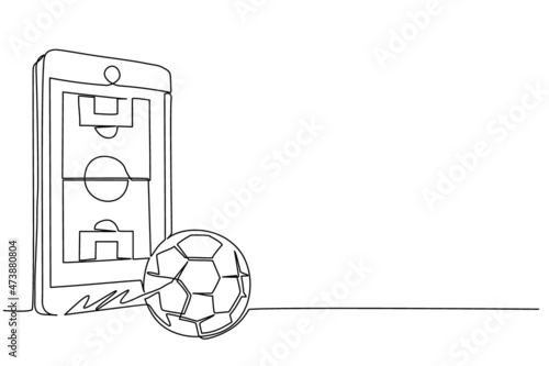 Single continuous line drawing smartphone with app soccer football field and ball. Mobile sport stream championship to play. Online football games. One line draw graphic design vector illustration