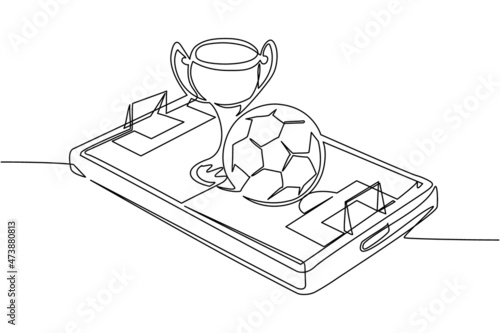 Single continuous line drawing soccer ball and trophy cup over virtual football field smartphone screen. Mobile football soccer. Online soccer game with live mobile app. One line draw design vector