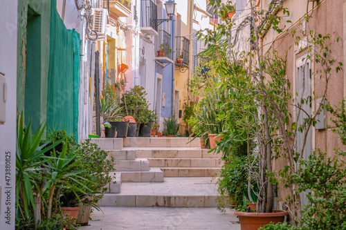 Fototapeta Naklejka Na Ścianę i Meble -  Pretty streets in the old town of Alicante, beautiful flowerpots with small trees, flowers along the street. Street stairs, old Spanish architecture, close up view
