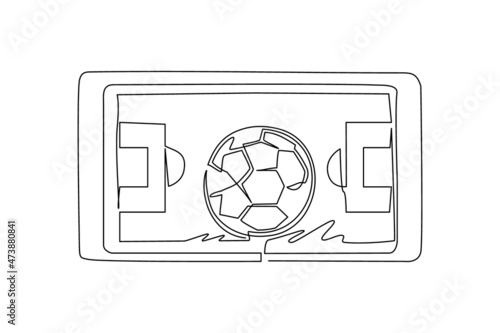 Single one line drawing football field and soccer ball in smartphone screen. Smartphone with app soccer football. Mobile sports stream championship to play. Modern continuous line draw design vector