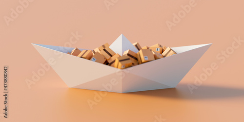 Conceptual paper ship loaded with many cartons  logistics industry and transportation concepts  original 3d rendering