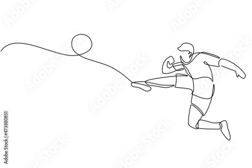 Single one line drawing football player kicking ball. Special uniform on joiner flat style. Footballer score goal. Soccer sport and team game concept. Continuous line draw design vector illustration