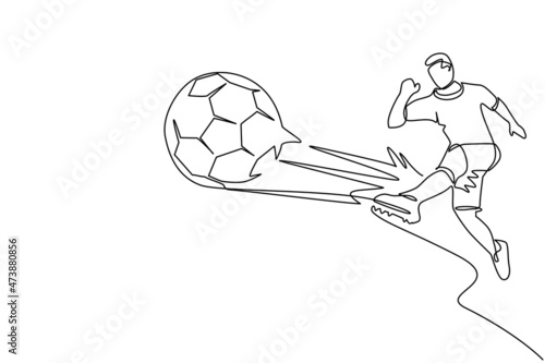 Continuous one line drawing young male soccer player running up and kicking ball forward. Man playing football in white sports uniform, boots, foot. Single line draw design vector graphic illustration