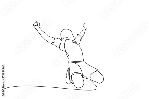 Continuous one line drawing young man football player is celebrating goal on stadium with his jersey on head. Match soccer goal celebration concept. Single line draw design vector graphic illustration