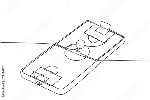 Single continuous line drawing football field on smartphone screen. Mobile football soccer. Mobile sports play match. Online soccer game with live mobile app. One line draw design vector illustration