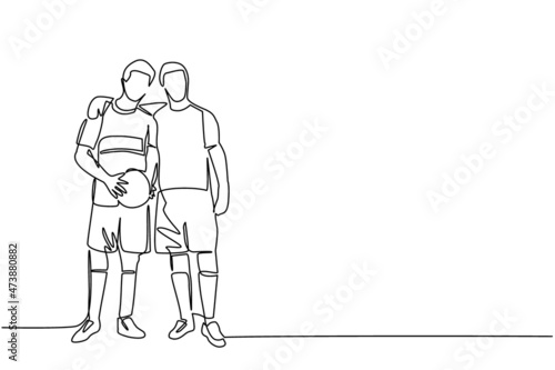Continuous one line drawing two soccer players embrace each other. Two friendly walking together after match finished. Male soccer players celebrating goal with hug. Single line draw design vector