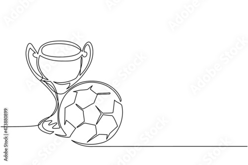 Continuous one line drawing trophy and football ball. Champion cup icon with soccer ball. Championship trophy. Sport tournament award, winner cup and victory concept. Single line draw design vector