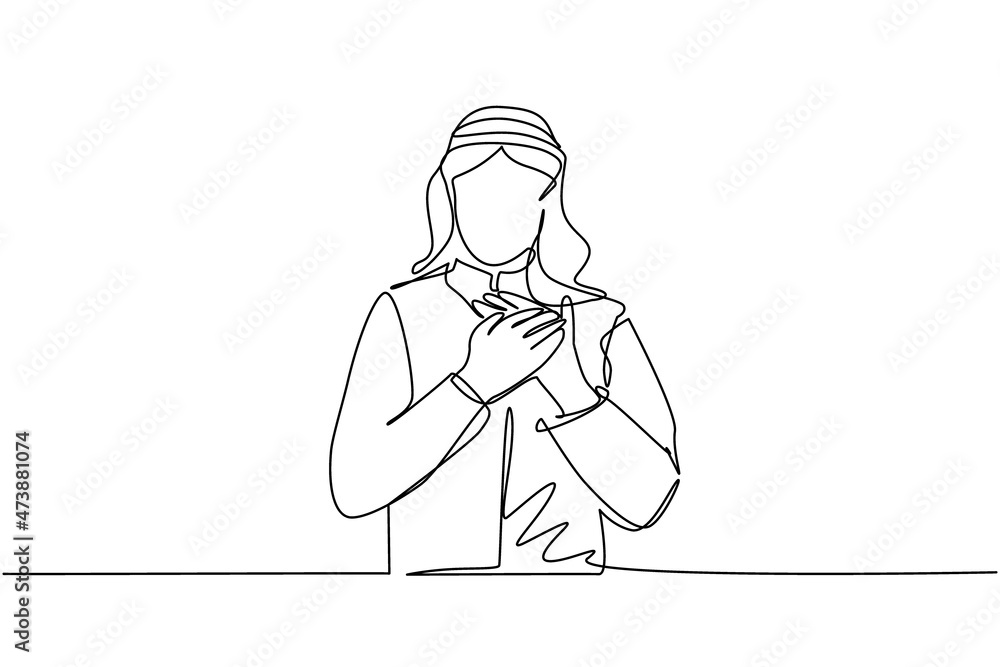 Continuous one line drawing young Arab man keeping hands on chest. Male suffering from chest pain or heart attack. Health care concept. Emotion, body language. Single line draw design vector graphic Continuous one line drawing young Arab man keeping hands on chest. Male suffering from chest pain or heart attack. Health care concept. Emotion, body language. Single line draw design vector graphic