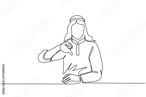 Single continuous line drawing unhappy young Arabian man showing thumbs down sign gesture. Dislike, disagree, disappointment, disapprove, no deal. Emotion, body language. One line draw design vector