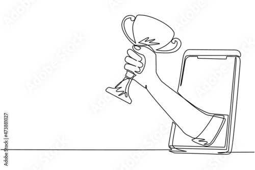 Continuous one line drawing trophy in hand coming out from mobile screen. Smartphone with app soccer football. Mobile sports stream championship to play. Single line draw design vector illustration