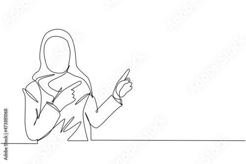 Single one line drawing Arabian woman pointing away hands together and showing or presenting something while standing and smiling. Emotion and body language. Continuous line draw design graphic vector