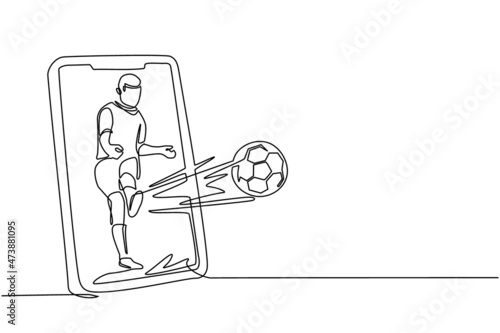 Single one line drawing soccer player kicks soccer ball out of smartphone screen. Smartphone with app soccer football. Mobile sports stream championship to play. Continuous line draw design vector