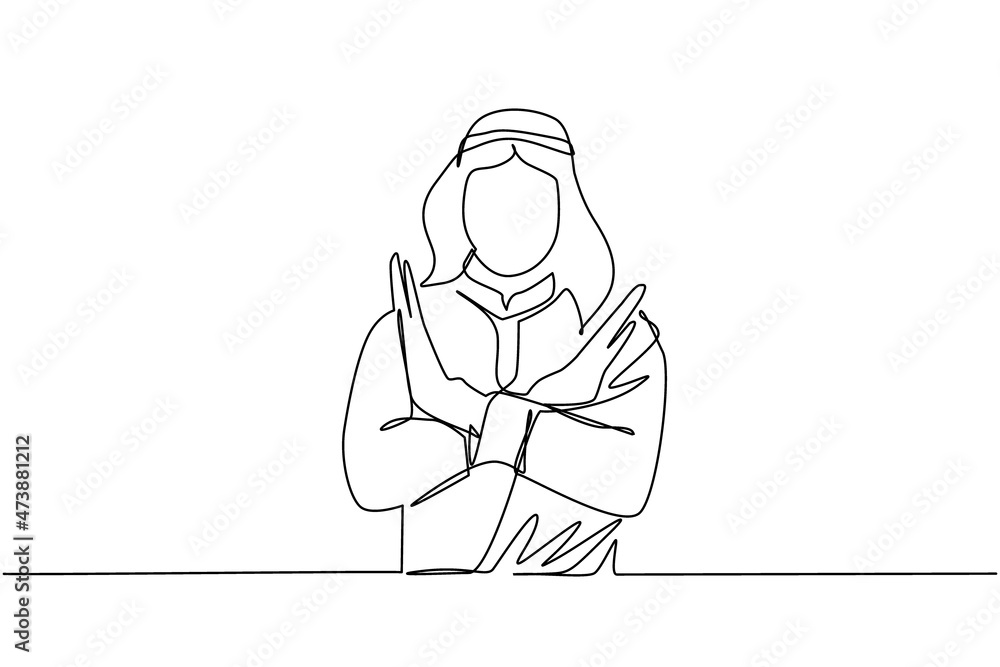 Fototapeta premium Continuous one line drawing young Arab man crossing arms and saying no gesture. Person making X shape, stop sign with hands and negative expression. Single line draw design vector graphic illustration
