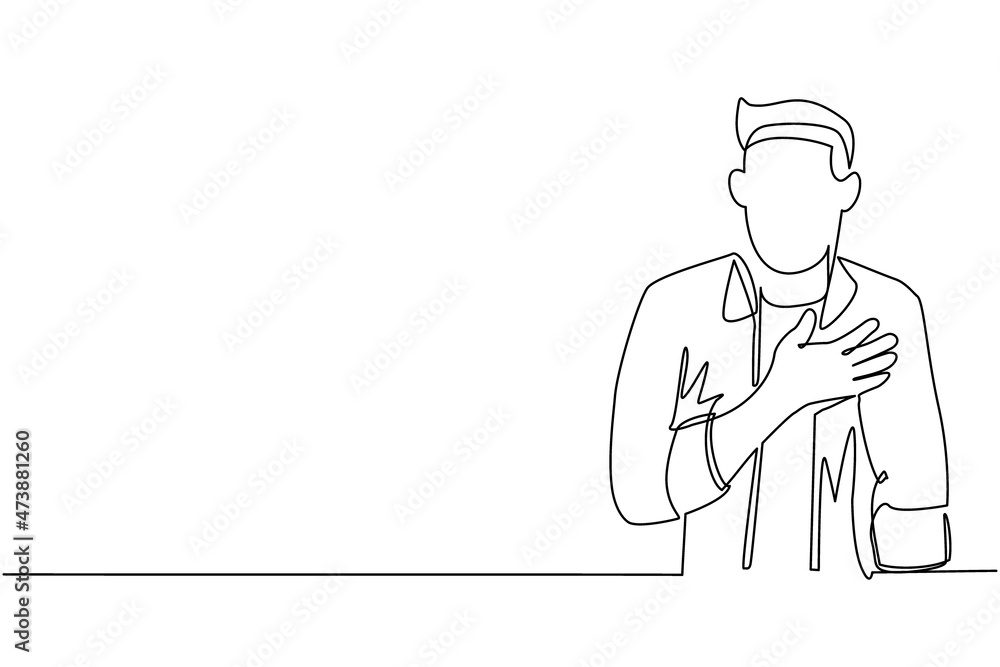 Single one line drawing young man keeping hands on chest. Smiling friendly male expressing gratitude. Emotion and body language concept. Modern continuous line draw design graphic vector illustration Single one line drawing young man keeping hands on chest. Smiling friendly male expressing gratitude. Emotion and body language concept. Modern continuous line draw design graphic vector illustration