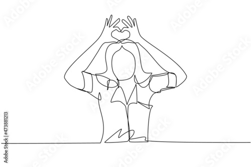 Single one line drawing young woman making or gesturing heart symbol with fingers. Modern female lifestyle, healthcare, love shape concept. Continuous line draw design graphic vector illustration