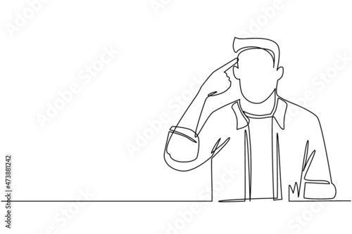 Single one line drawing man touching his temples and remembering something. Male holding finger on head and feeling tired exhausted, chronic work stress. Continuous line draw design graphic vector