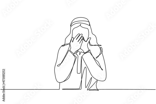 Single one line drawing young Arab man covering mouth with hands. Male mouth with hand shocked with shame for mistake, expression of fear, scared in silence, secret. Continuous line draw design vector