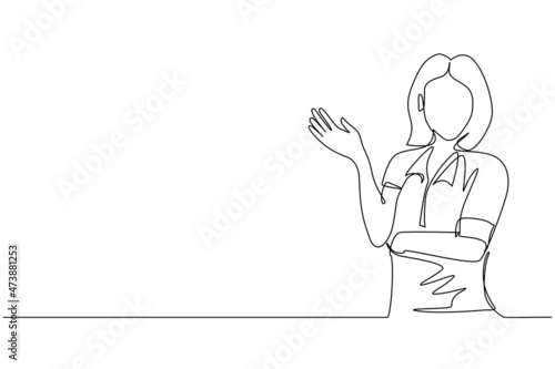 Continuous one line drawing beautiful woman in casual clothes presenting something. Young business woman showing something or presenting project. Single line draw design vector graphic illustration