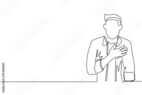 Single one line drawing young man keeping hands on chest. Smiling friendly male expressing gratitude. Emotion and body language concept. Modern continuous line draw design graphic vector illustration
