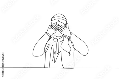 Continuous one line drawing young Arabian man closes his eyes with his hands because of disgust and reluctance to see something, fear or sadness isolated. Single line draw design vector illustration