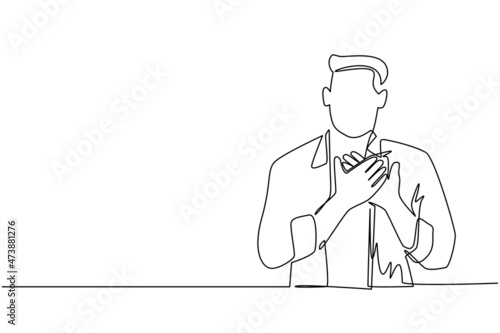 Single one line drawing young man keeping hands on chest. Male suffering from chest pain or heart attack. Health care concept. Emotion and body language. Continuous line draw design graphic vector