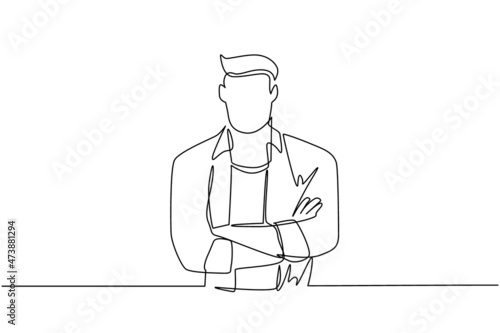 Single continuous line drawing smiling confident young man in shirt, keeping arms crossed. Active businessman standing with folded arms pose. Dynamic one line draw graphic design vector illustration