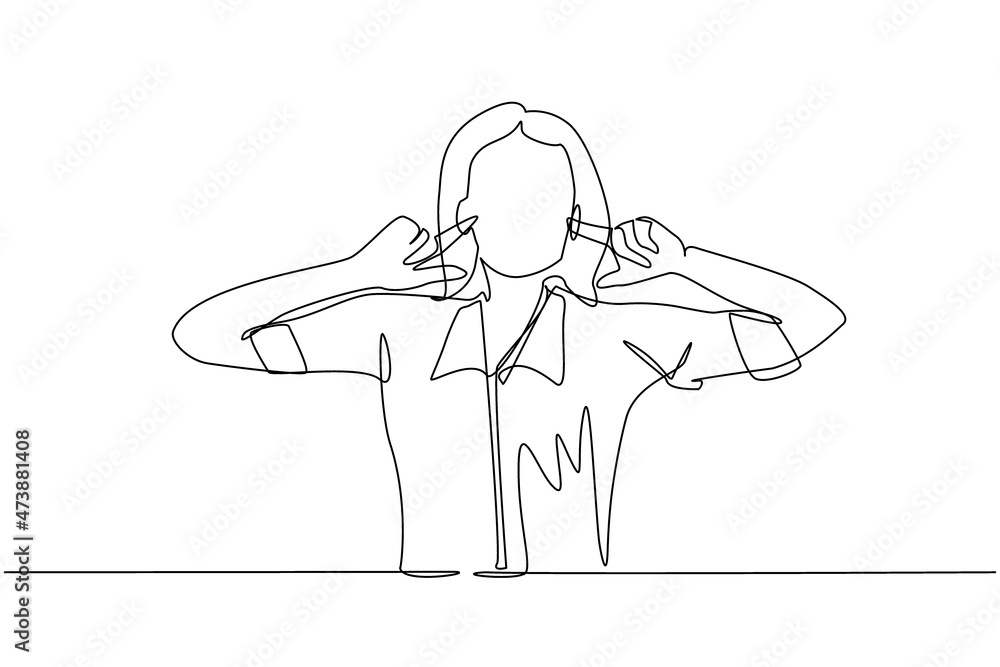 Vecteur Stock Single one line drawing woman covering ears with fingers