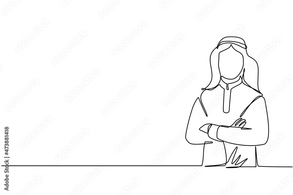 Single continuous line drawing smiling confident Arabian man in traditional clothes, keeping arms crossed. Active businessman standing with folded arms pose. One line draw design vector illustration Single continuous line drawing smiling confident Arabian man in traditional clothes, keeping arms crossed. Active businessman standing with folded arms pose. One line draw design vector illustration