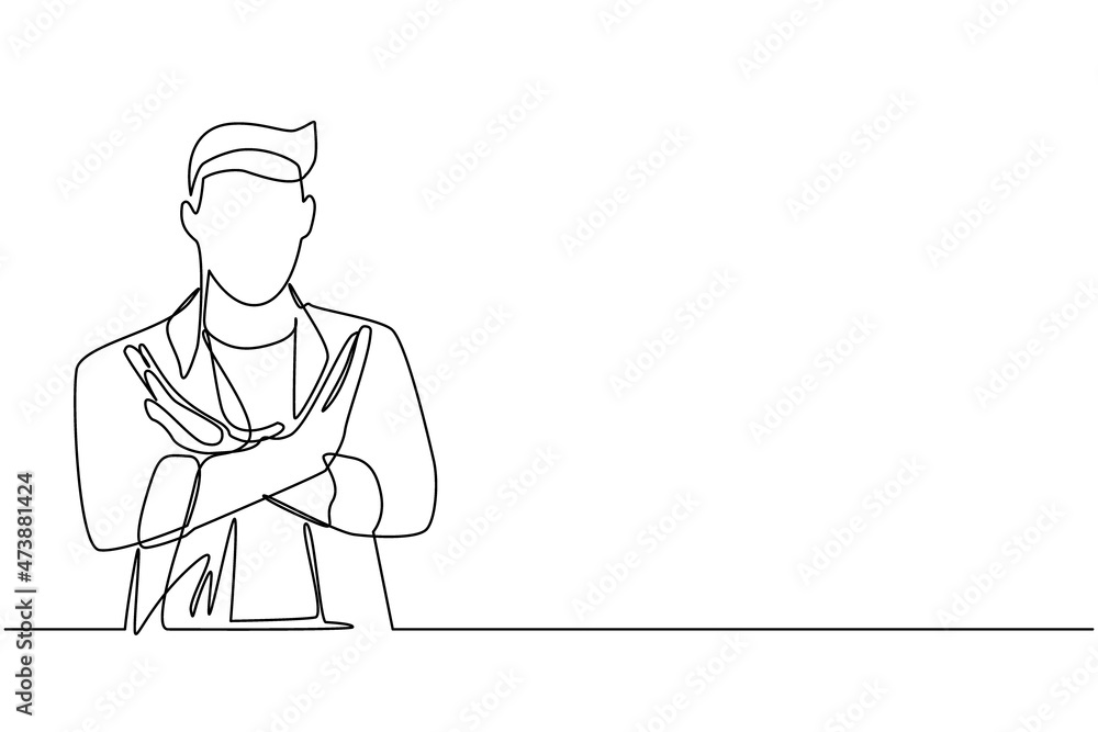 Continuous one line drawing young man crossing arms and saying no gesture. Person making X shape, stop sign with hands and negative expression. Single line draw design vector graphic illustration