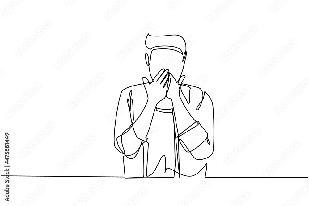 Continuous one line drawing man covering mouth with hands. Male mouth with hand shocked with shame for mistake, expression of fear, scared in silence, secret concept. Single line draw design vector