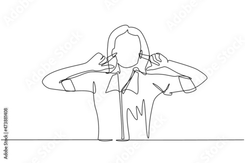 Single one line drawing woman covering ears with fingers with annoyed expression for noise of loud sound or music while eyes closed standing in white background. Continuous line draw design vector