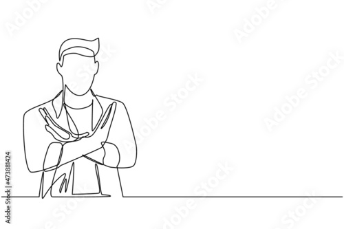 Continuous one line drawing young man crossing arms and saying no gesture. Person making X shape, stop sign with hands and negative expression. Single line draw design vector graphic illustration