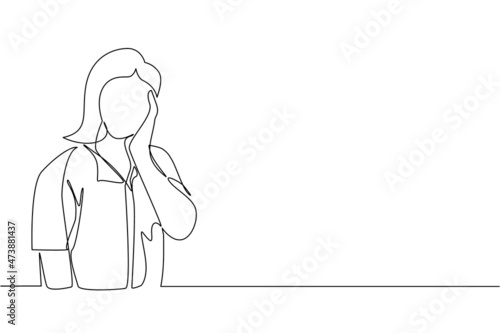 Continuous one line drawing young woman holding hand on cheek with crossed hand. Bored or tired person keeping hand on face. Female suffering from toothache. Single line draw design vector graphic
