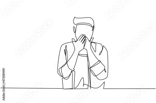 Continuous one line drawing man covering mouth with hands. Male mouth with hand shocked with shame for mistake, expression of fear, scared in silence, secret concept. Single line draw design vector