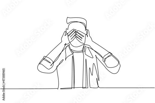 Single one line drawing young man closes his eyes with his hands because of disgust and reluctance to see something, fear or sadness isolated. Continuous line draw design graphic vector illustration