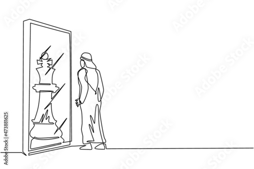 Single one line drawing Arabian businessman standing in front of mirror, reflecting chess king. Metaphor of confidence. Success, opportunities concept. Continuous line draw design vector illustration