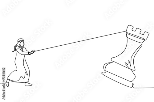 Single one line drawing Arab businessman pulling big rook chess with rope. Business achievement goal, strategy, competitive, strategic concept. Continuous line draw design graphic vector illustration