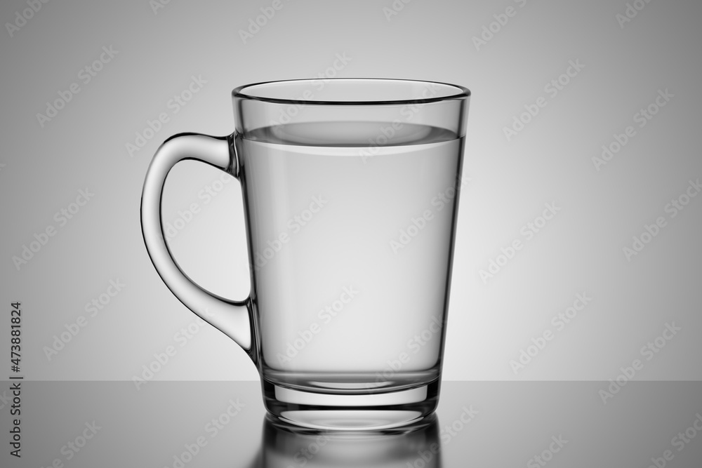 Glass mug with water on the table. 3d render. Glass mug with water on the table. 3d render.