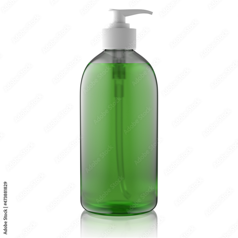 An empty jar of green liquid soap or sanitizer. 3d render. An empty jar of green liquid soap or sanitizer. 3d render.