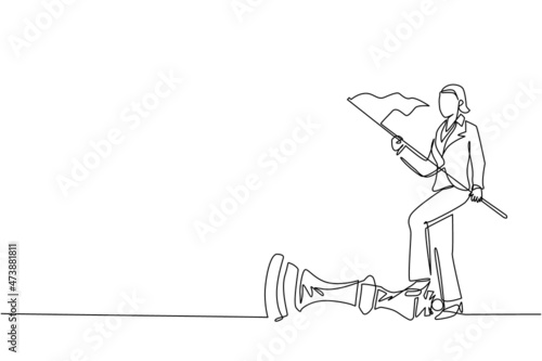 Continuous one line drawing businesswoman holding flag, defeat competitors in business as winning chess game. Company strategy success using powerful move for advantage. Single line draw design vector