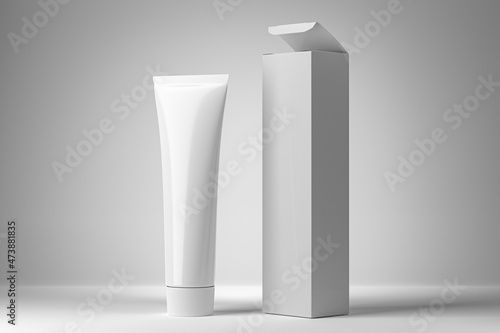 Mockup of a plastic tube of toothpaste with carton packaging. 3d render.