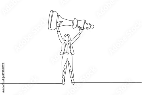 Continuous one line drawing cute businesswoman holding, lifting king chess piece. Successful entrepreneurship tactics or strategy, superiority in business. Single line draw design vector illustration